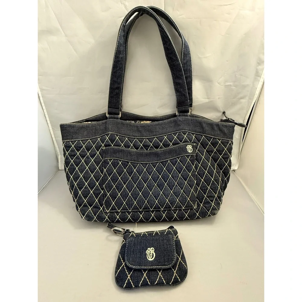 Vera Bradley Quilted Denim Tote Bag Purse Blue Paisley Lining With Coin Pouch